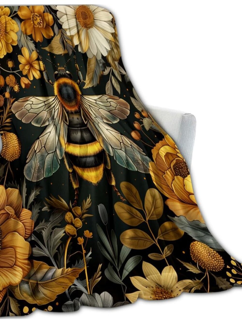 Buzzing Bee Floral Throw Blanket, Vintage Flower Bumblebee Blankets For Bedroom View 2